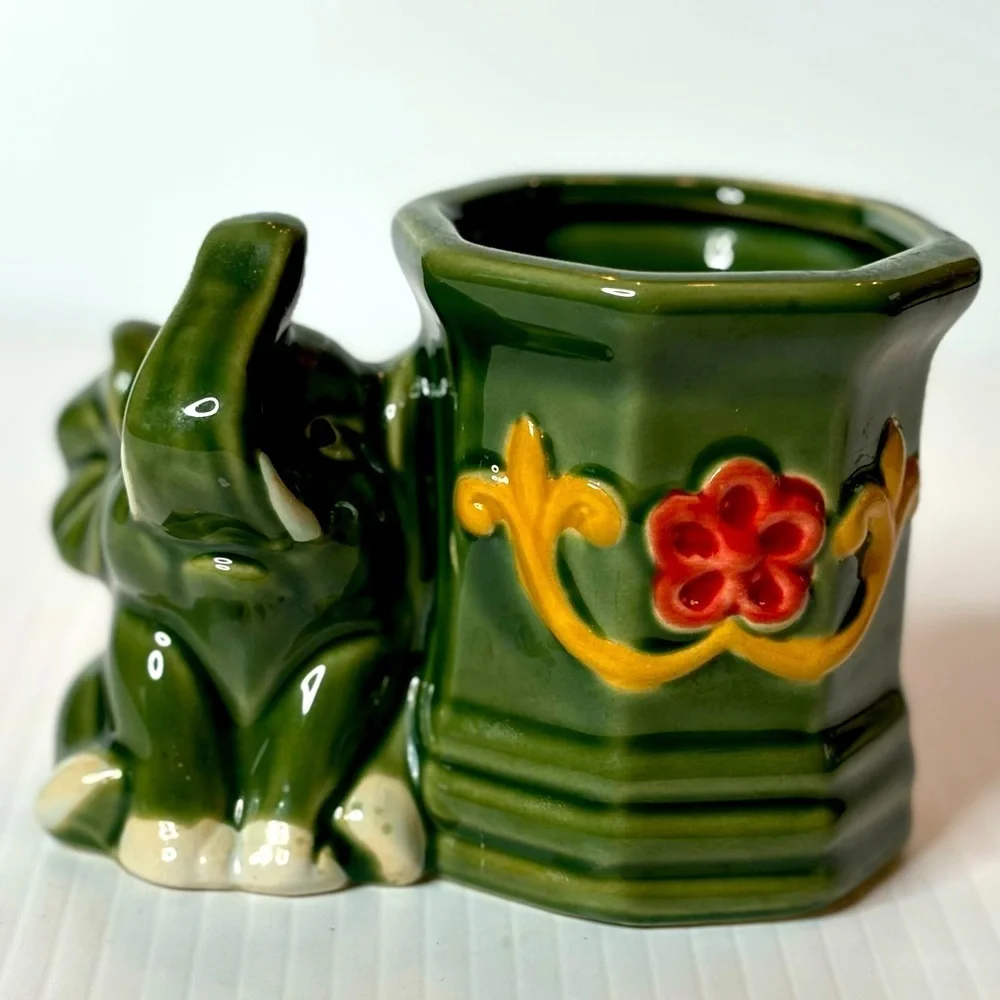 Vintage Elephant Planter Glaze Ceramic Jade Green Trunk Up-FLORAL Lucky Bamboo